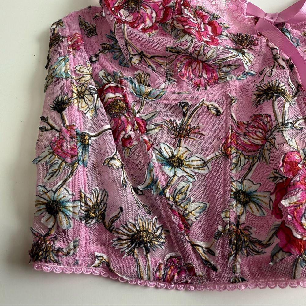 Victoria’s Secret Embroidery Cap-Sleeve Corset Top Lilac Chiffon Floral Large - Picture 10 of 12